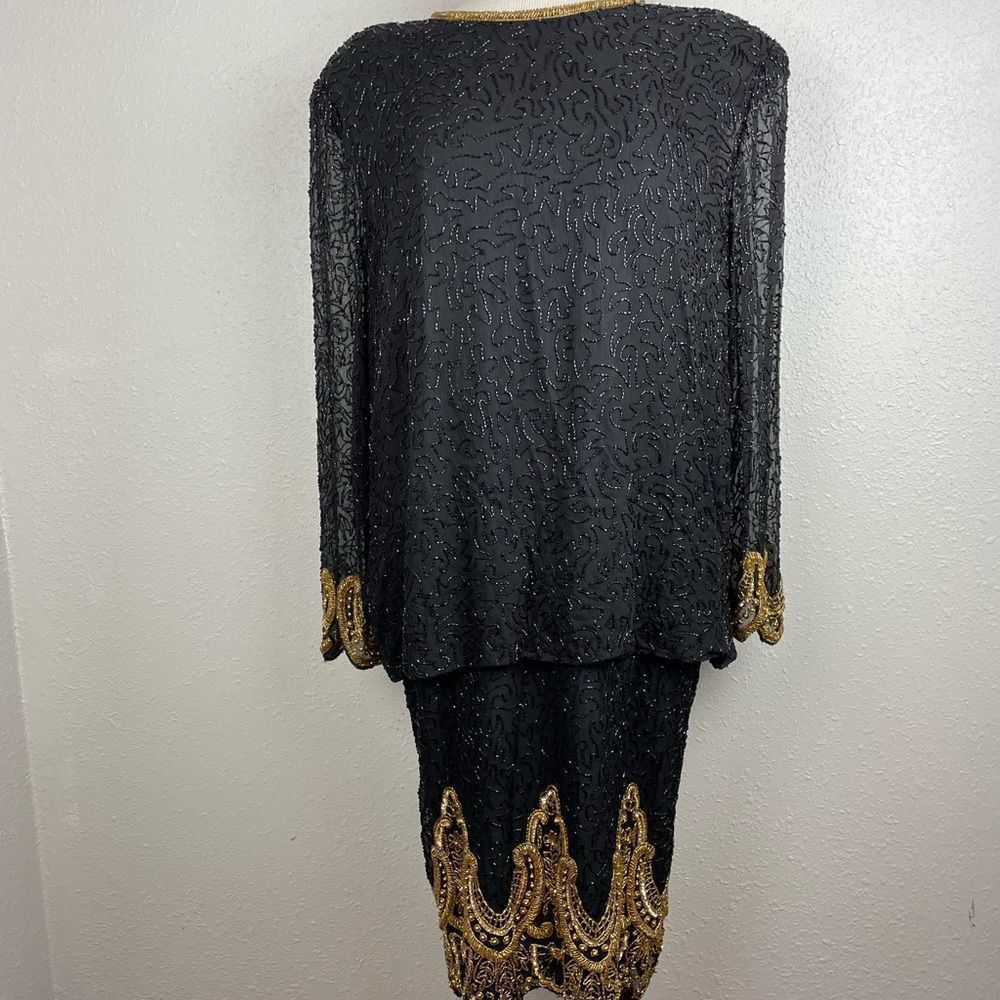 Vintage Night Vogue Womens Black and Gold Beaded and Sequin Silk Dress Size XL